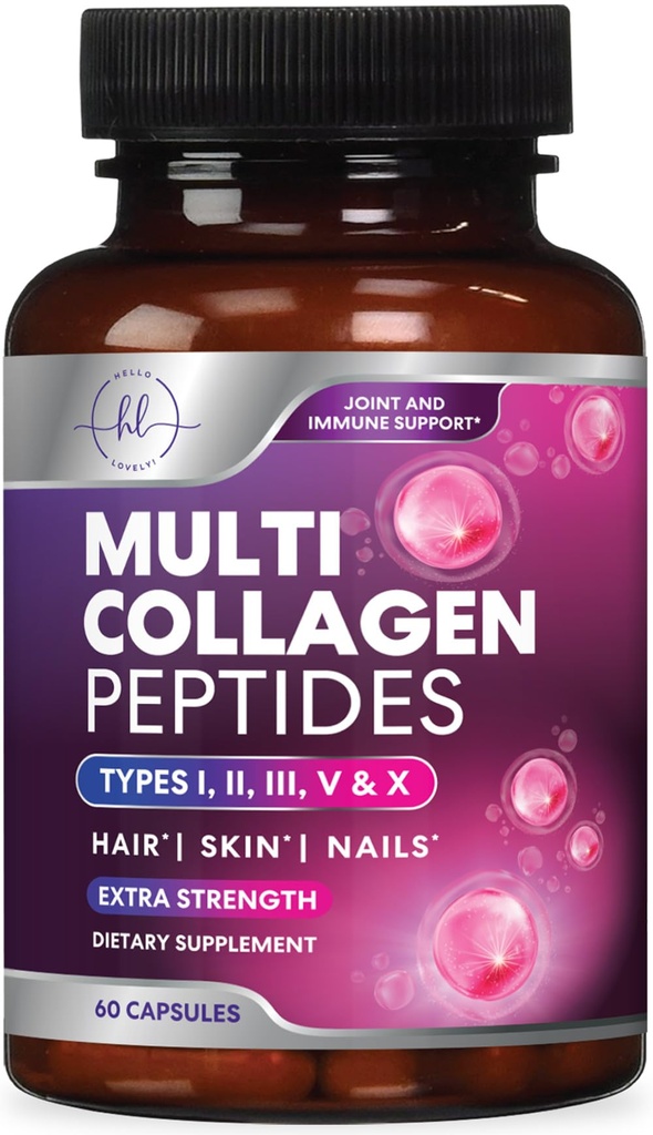 Multi Collagen Συμπλήρωμα 2400 mg - Τύποι I, II, III, V & X Multi Collagen Peptides Χάπια για γυναίκες & άνδρες, Hydrolyzed Collagen Συμπληρώματα, μαλλιά, δέρμα, νύχια, & κοινό συμπλήρωμα υποστήριξης, 60 κάψουλες