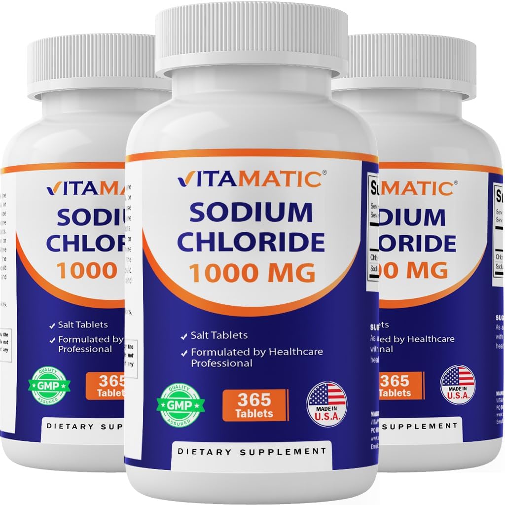 Vitamatic Νάτριο Χλωριούχο 1000mg – 365 Δισκία Ηλεκτρολυτής & Ενυδατική Υποστήριξη – Μη ΓΤΟ, Χωρίς Γλουτένη - 3 Φιάλες