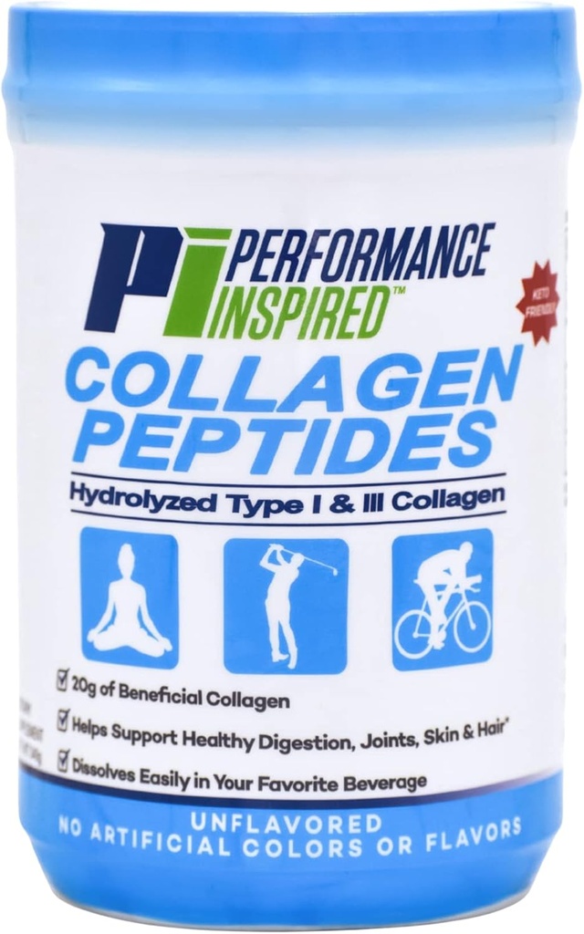 PERFORMANCE INSPIRED Nutrition Hydrolyzed Collagen Peptides Powder – 18g Protein – Type I & III Collagen – Joint, Skin, Nails & Digestive Support – All Natural – Unflavored