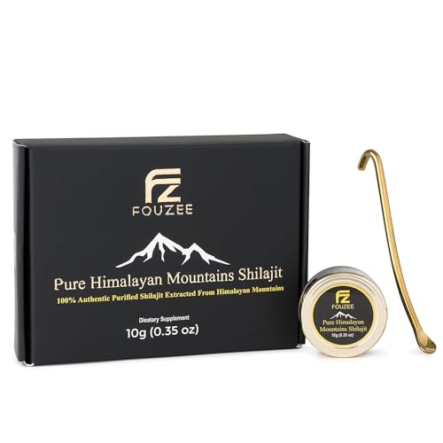 FOUZEE Pure Himalayan Mountains Shilajit - 77% + Fulvic Acid Authentic Hard Consistency, Φυσική πηγή Fulvic Acid, Πάνω από 85 Trace Minerals, περιλαμβάνει ανοξείδωτο κουτάλι (10 γραμμάρια)
