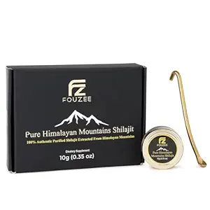 FOUZEE Pure Himalayan Mountains Shilajit - 77% + Fulvic Acid Authentic Hard Consistency, Natural Source of Fulvic Acid, Over 85 Trace Minerals, Includes Stainless Steel Spoon (10 Grams)