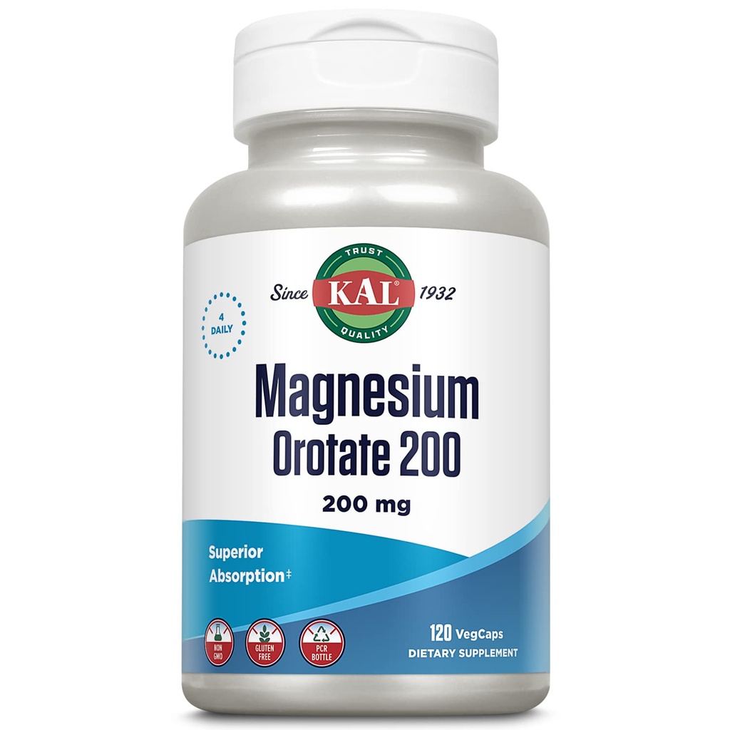 KAL Orotate μαγνησίου 200 mg, Φόρμουλα ανώτερης απορρόφησης, Χηλικό μαγνήσιο για υγιή οστά, δόντια, νεύρα και μυϊκή λειτουργία, χορτοφάγοι, μη-GMO, χωρίς γλουτένη, 30 εξυπηρετούν, 120 VegCaps