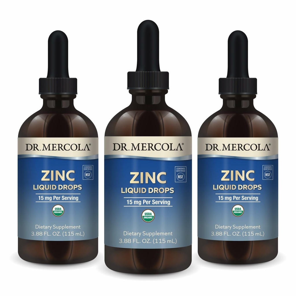 Dr. Mercola Zinc Liquid Drops - Υποστηρίζει την Ανοσοποιητική & Οργανική Υγεία - 15 mg Βιολογικές Υγρές σταγόνες ψευδάργυρου - USDA Organic - NSF Certified - Μη ΓΤΟ, Χωρίς Γλουτένη & Χωρίς Σόγια - 3,88 fl oz (3 Pack)