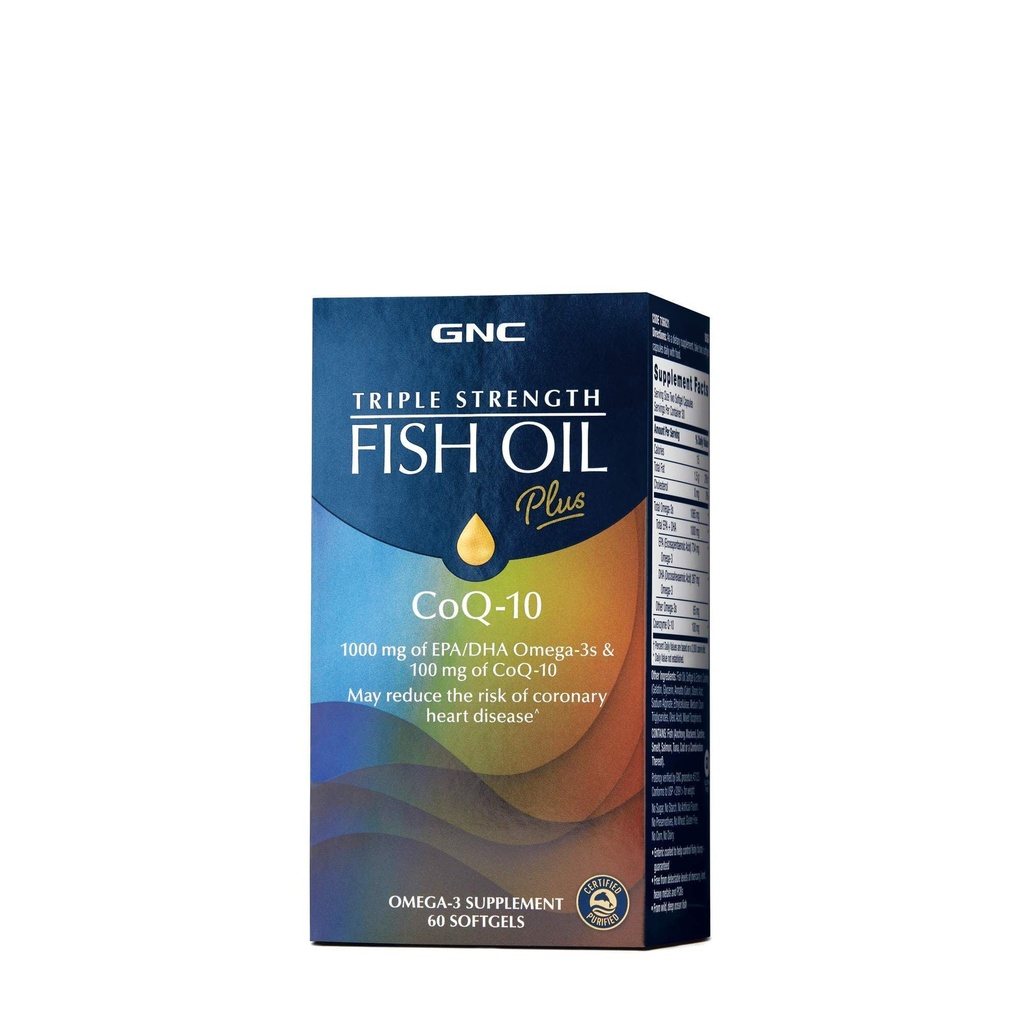 GNC τριπλή δύναμη Fish Oil Plus CoQ10 Omega 3 συμπλήρωμα, 1000mg EPA και DHA, 100mg CoQ10, καρδιά και Circulatory υγεία, Plus δέρμα, αρθρώσεις, εγκέφαλος, και μάτι, Coated to Control Fishy Burps, 30 υπηρεσίες