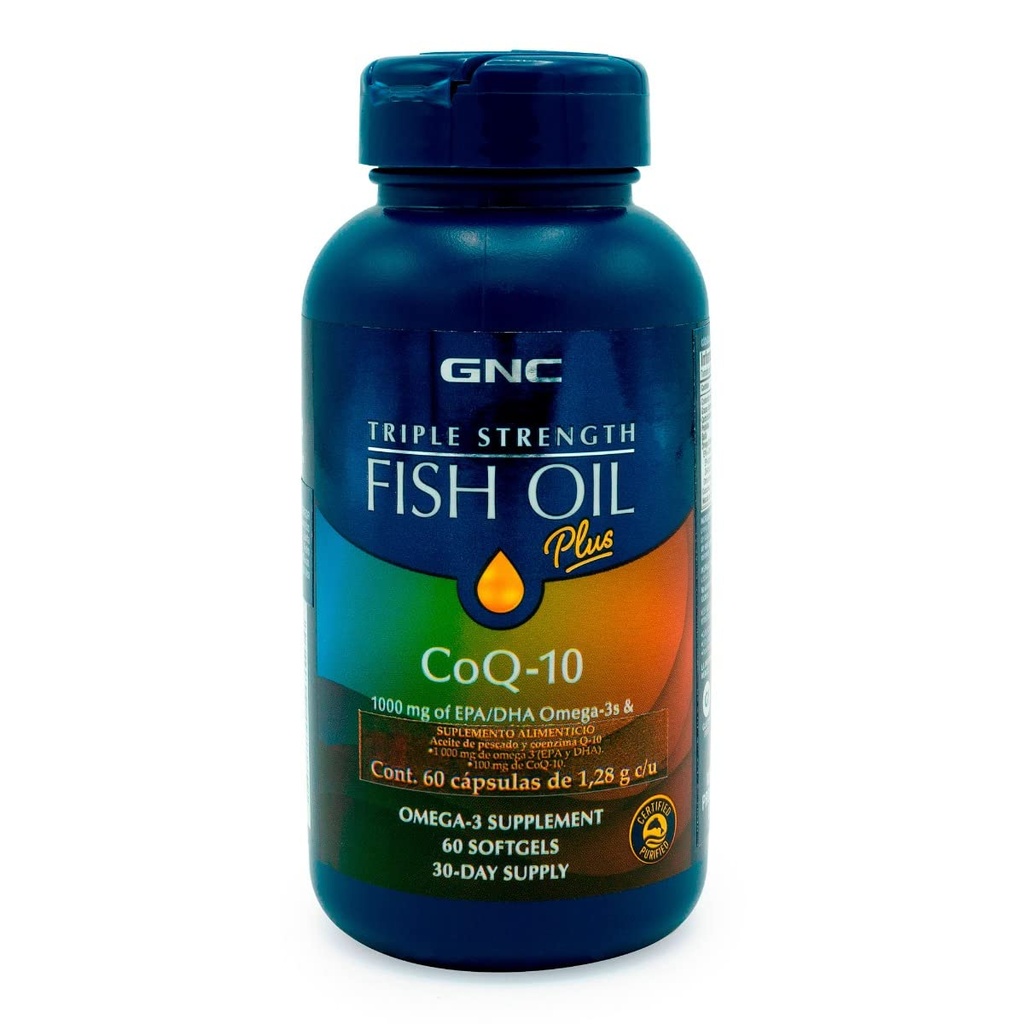 GNC τριπλή δύναμη Fish Oil Plus CoQ10 Omega 3 συμπλήρωμα, 1000mg EPA και DHA, 100mg CoQ10, καρδιά και Circulatory υγεία, Plus δέρμα, αρθρώσεις, εγκέφαλος, και μάτι, Coated to Control Fishy Burps, 30 υπηρεσίες