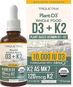 Organic Plant D3 + K2 - 10,000 iu - All-Trans MK7 from MenaQ7 (120 mcg K2)100% Organic & Plant-Based Sublingual D3 Drops (Cholecalciferol), 100% Vegan - Supports Immunity, Bone, Mood & Brain (2 Pack)