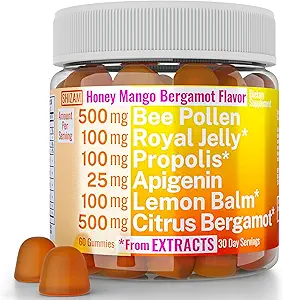 Bee Pollen Apigenin Citrus Bergamot Gummies w Organic Propolis Royal Jelly Honey Lemon Balm Extract, Supplement for Men Kids, Tincture Drops Powder Capsule Herb Capsules Supplements Alt, Pollan Polen