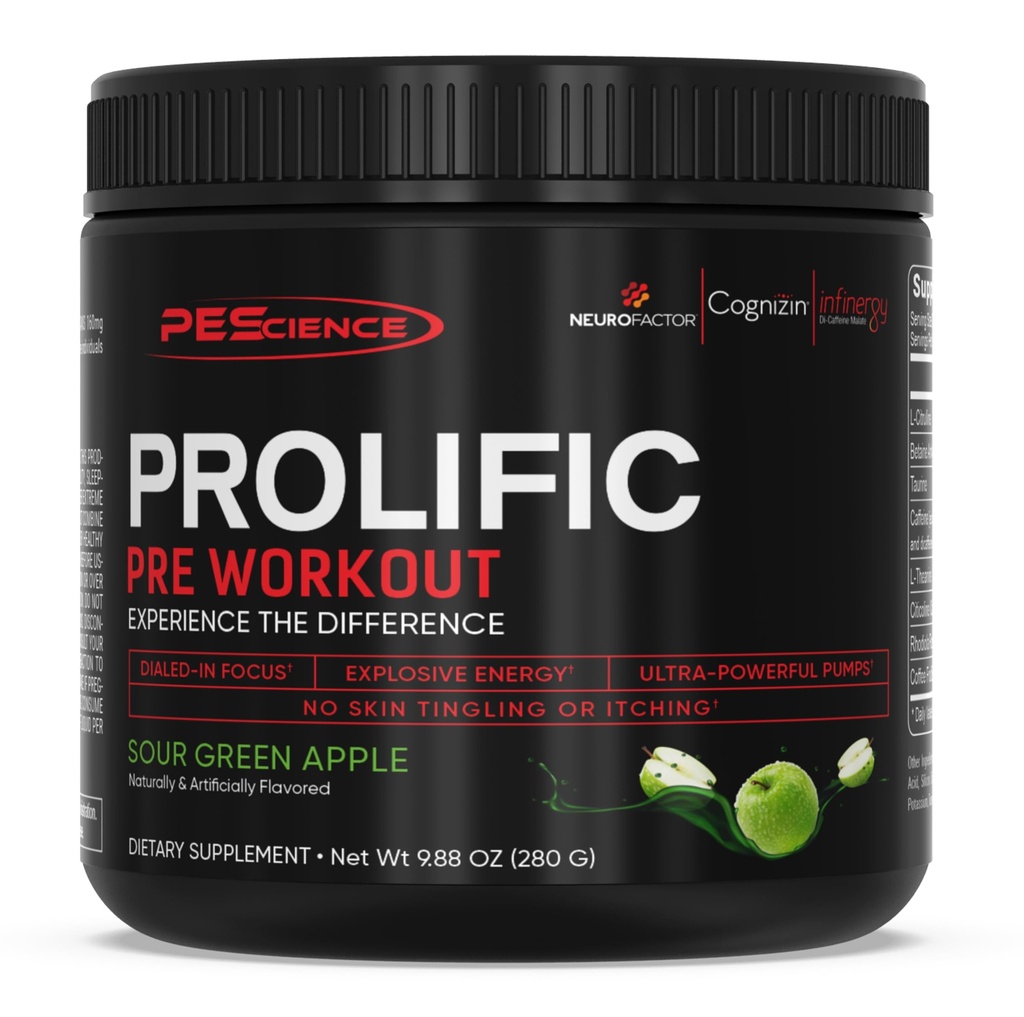 PEScience Prolific Energy Pre Workout – L Citrulline for Nitric Oxide, Rhodiola & CDP Choline Nootropic for Focus – Preworkout for Men & Women – 40 Scoops, Sour Green Apple
