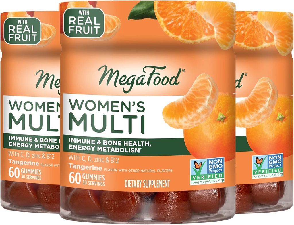 MegaFood Women's Multi - Multivitamin for Women-Gummy Vitamins- Vitamin C, Vitamin D, Zinc, Vitamin B12 & Choline- ανοσοποιητική υποστήριξη & υγεία των οστών- χορτοφαγική- Tangerine- 60 Gummies(30 Servies) 3 Pack