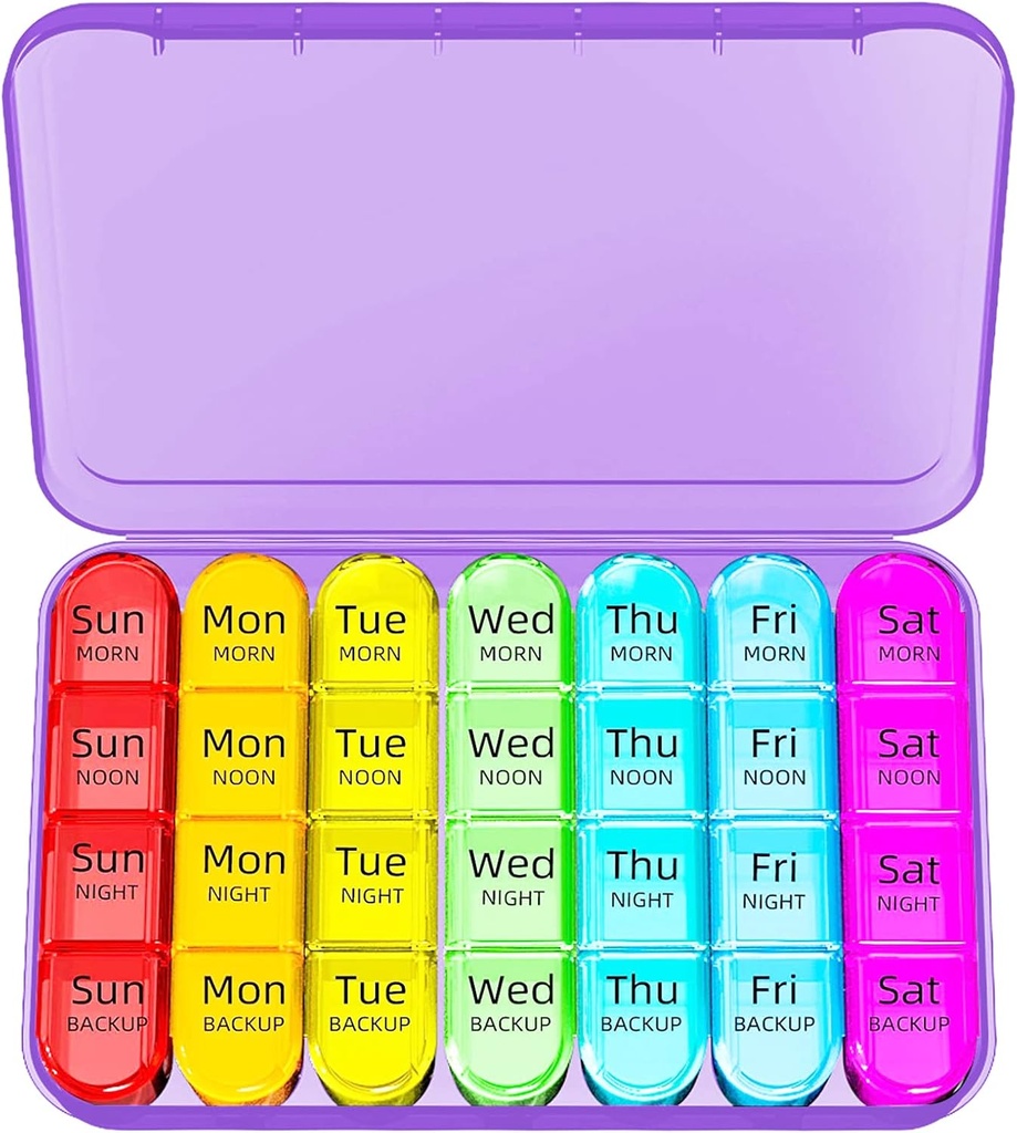 Odaro Weekly Pill Organizer 4 φορές την ημέρα, Daily Pill Box 7 ημέρα, μεγάλη υπόθεση ταξιδιού χάπια με 28 διαμέρισμα για να κρατήσει ιατρική, βιταμίνη και συμπλήρωμα - μωβ περίπτωση