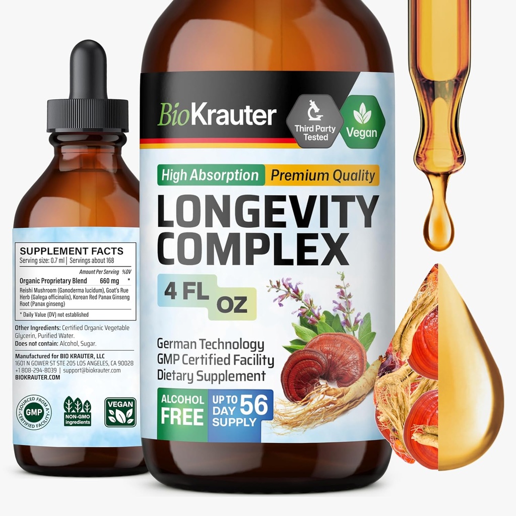 BIO KRAUTER Longevity Mushroom Supplement - Liquid Reishi Mushroom Complex with Goat’s Rue & Red Ginseng Root Extract - Βάμμα Vegan - Αλκοόλ & Ζάχαρη Free Drops 4 Fl.Oz.