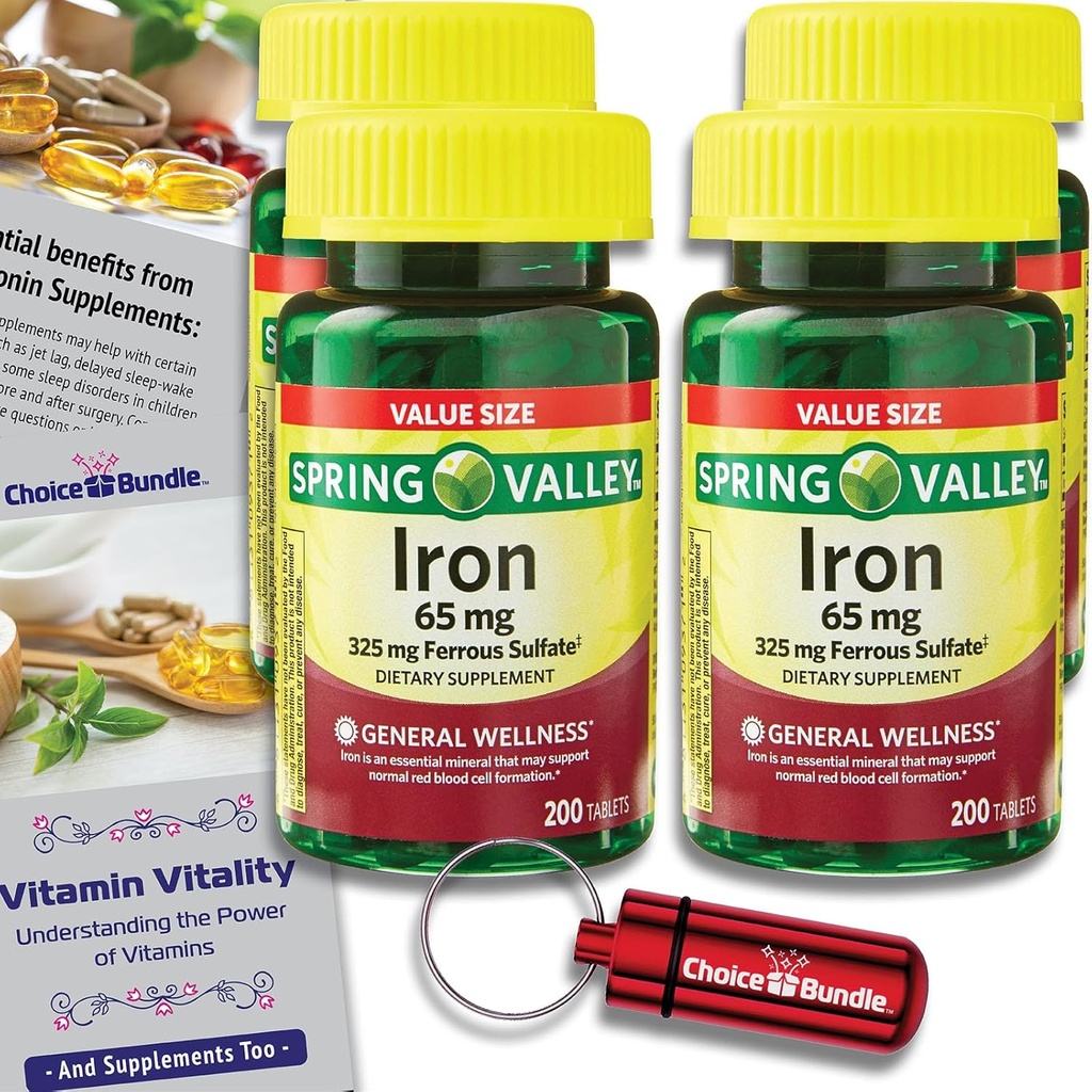 Spring Valley Iron Tablets Dietary Supplement Value Size 65 mg 200 CT 4 Pk Choice Bundle (800 Total) + Vitamin Vitality Guide & Pill Container (6 Items)!