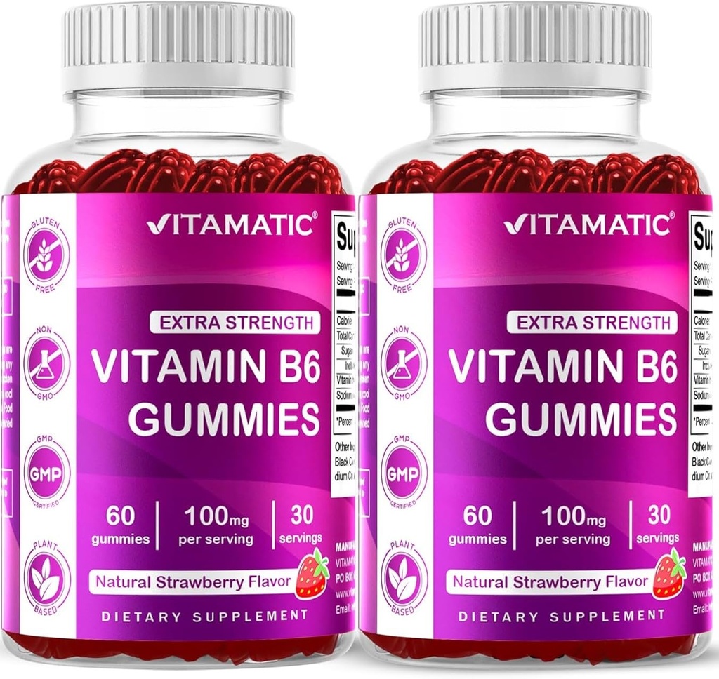 Vitamatic 2 συσκευασίες Βιταμίνη B6 100mg Gummies – Φυσικό άρωμα φράουλας – 60 Pectin-based Gummies ανά φιάλη – Νευρικό σύστημα & Ενεργειακή υποστήριξη