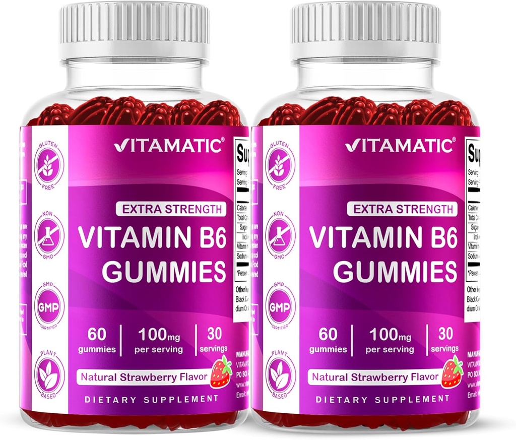 Vitamatic 2 συσκευασίες Βιταμίνη B6 100mg Gummies – Φυσικό άρωμα φράουλας – 60 Pectin-based Gummies ανά φιάλη – Νευρικό σύστημα & Ενεργειακή υποστήριξη