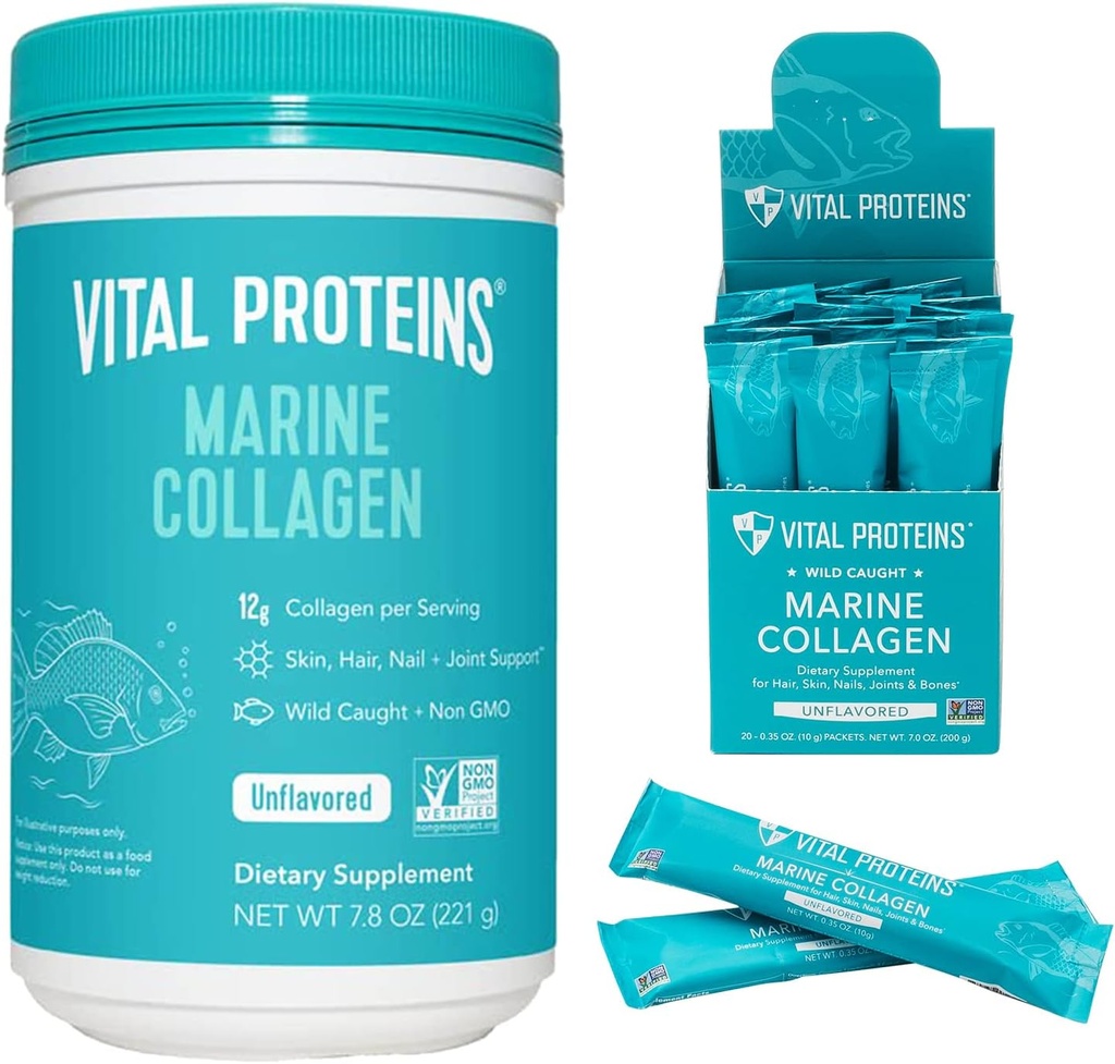 Vital Proteins Marine Collagen Peptides powder Supplement 7.8 oz Canister + Stick Packs (10 g) (Box of 20)