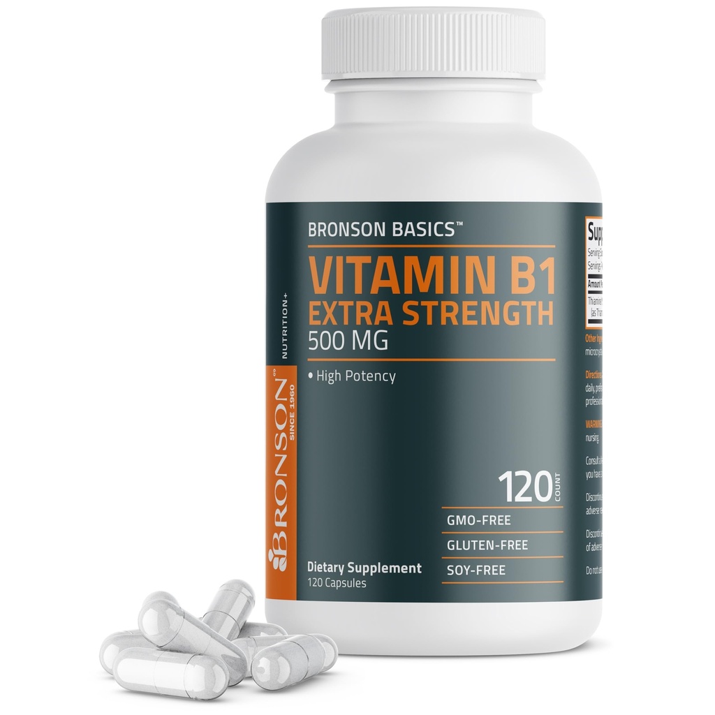Bronson Βιταμίνη B1 Επιπλέον δύναμη 500 MG Υψηλή ισχύς Μη-ΓΤΟ, 120 κάψουλες