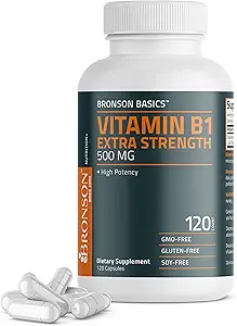 Bronson Vitamin B1 Extra Strength 500 MG High Potency Non-GMO, 120 Capsules