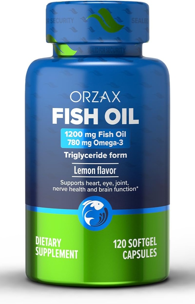 ORZAX Omega 3 Fish Oil 1200 mg - EPA DHA Omega 3 Συμπλήρωμα - Προάγει την καρδιά, τα μάτια, τους συνδέσμους, το νεύρο, το ανοσοποιητικό, τον εγκέφαλο και την υγεία του αίματος - Burpless & Lemon Flavored - Non-GMO - 120 Softgels - 60 Day Supply