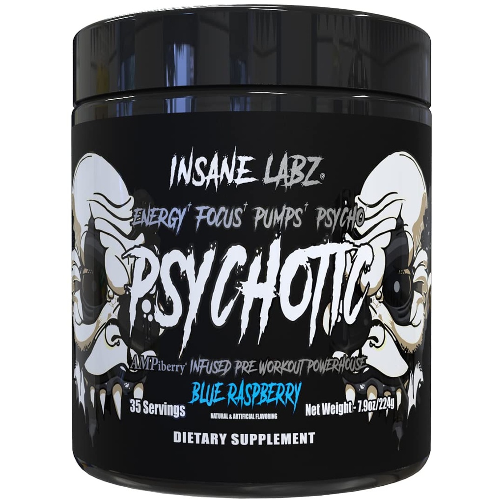 Insane Lambz Psychotic Black Edition Mid Simulant Pre Workout Powder, Ενεργειακές Αντλίες Εστίασης, Φορτωμένο με Creatine Beta Alanine Taurine Τροφοδοτείται από AMPiberry, 35 Σερβίρισμα (Blue Raspberry)
