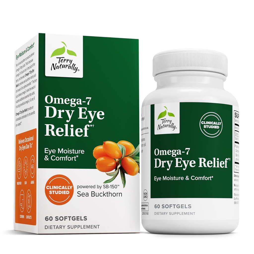 Terry Φυσικά Omega-7 Dry Eye Relief - Συμπλήρωμα για την υγεία των ματιών με το λάδι Sea Buckthorn - Συμπλήρωμα διατροφής για να βοηθήσει Dry Eye Relief - 60 Softgels