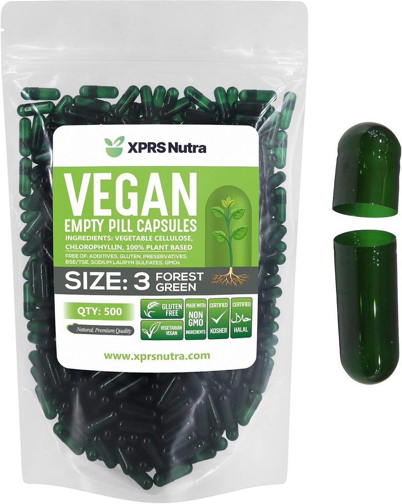 XPRS Nutra Size 3 Empty Capsules - 500 Count Empty Vegan Capsules - Vegetarian Empty Pill - DIY Vegetable Capsule Filling - Veggie Pill Caps (Forest Green)