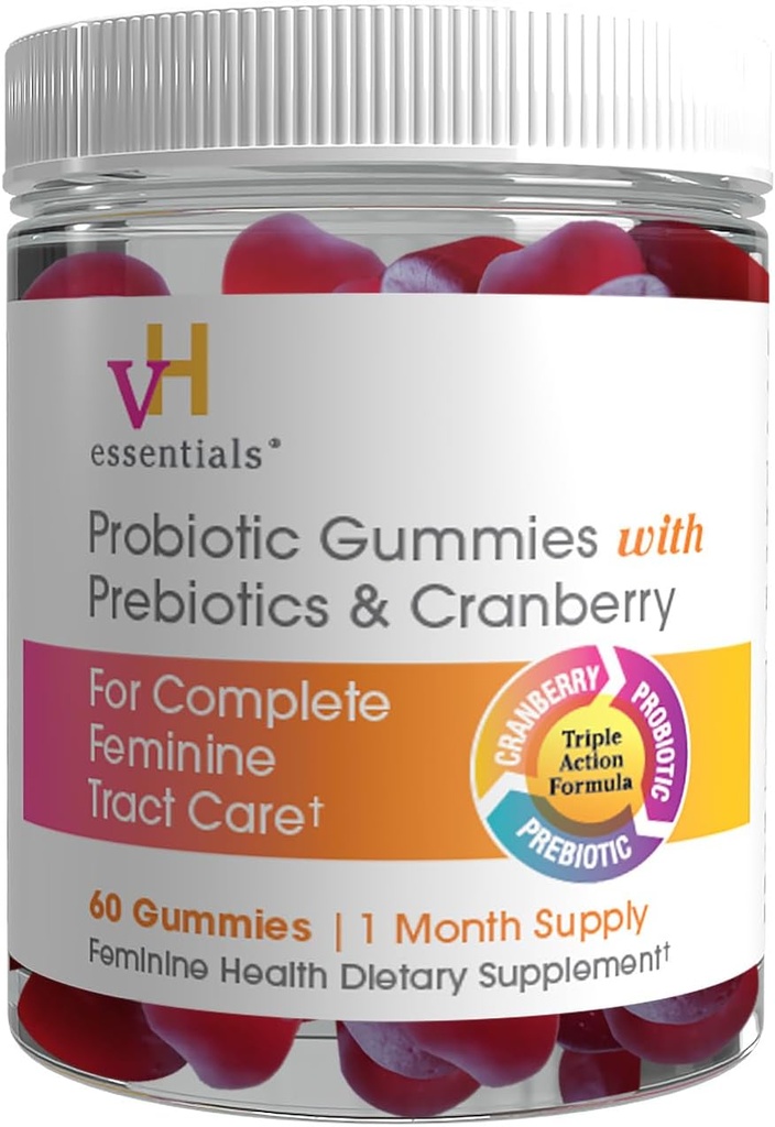 vH απαραίτητα Προβιοτικά Gummies με Πρεβιοτικά & Cranberry, Συμπυκνωμένο εκχύλισμα για την ουρική τραχεία υγεία, Υποστηρίζει Κολπική Μικροχλωρίδα Ισορροπία για μια υγιή Feminine Tract, 60 Count