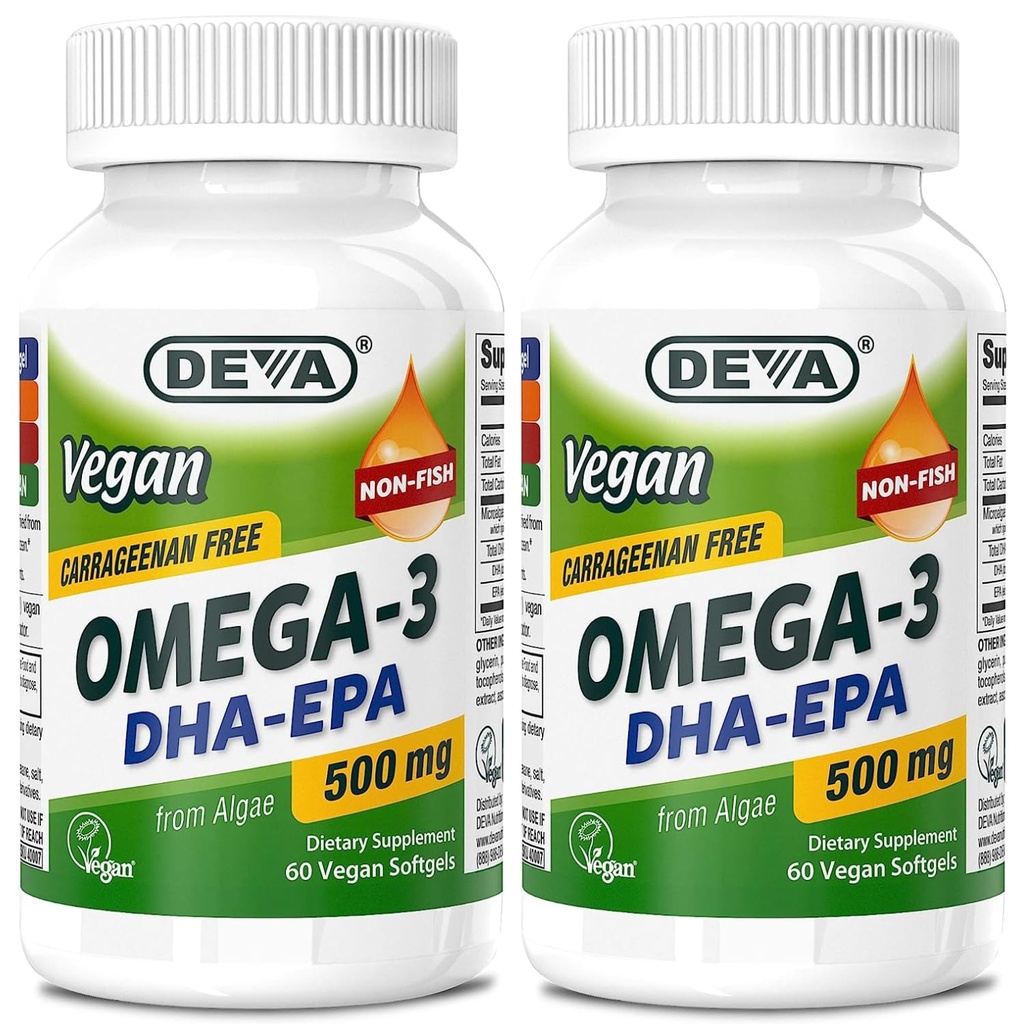 DEVA Vegan Omega-3 DHA-EPA 500MG 2-Pack – Χωρίς καρραγενάνη, μη ιχθυέλαιο που προέρχεται από άλγες, μη ΓΤΟ, 60 ζελατίνη-ελεύθερο Softgels Ea