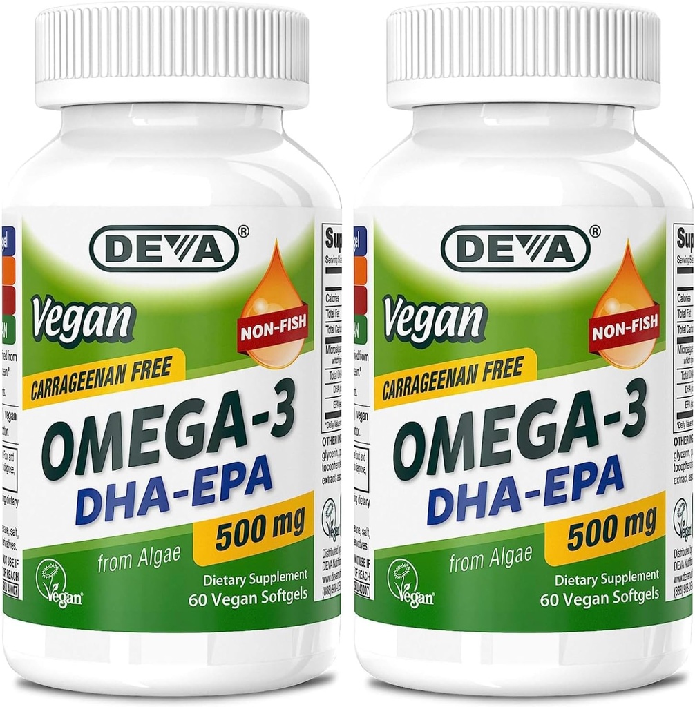 DEVA Vegan Omega-3 DHA-EPA 500MG 2-Pack – Χωρίς καρραγενάνη, μη ιχθυέλαιο που προέρχεται από άλγες, μη ΓΤΟ, 60 ζελατίνη-ελεύθερο Softgels Ea