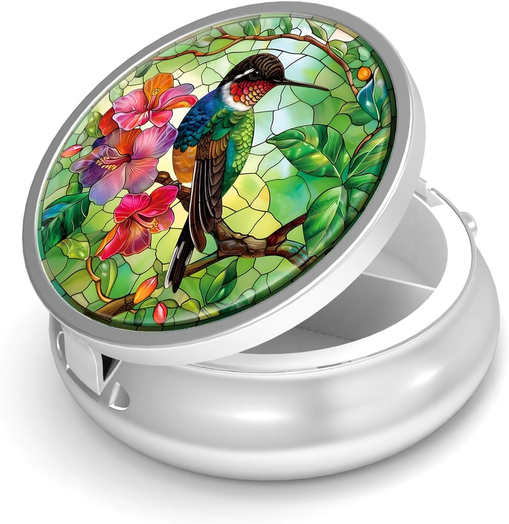 Pill Box-3 Compartment Small Pill Case for Purse & Pocket Mini Metal Pill Holder Travel Pill Container to Hold Supplements Vitamins BPA-Free (Hummingbird)