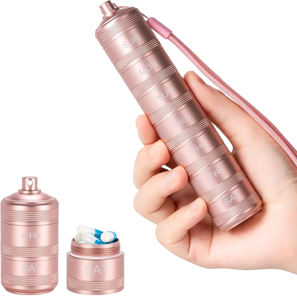 Φορητός οργανωτής μεταλλικών χαπιών - Αδιάβροχη θήκη χαπιών Compact Travel Pill Box Weekly Aluminium Alloy Container, 7 Day Daily Pill Organizer Holder for Small Pills, Pink S