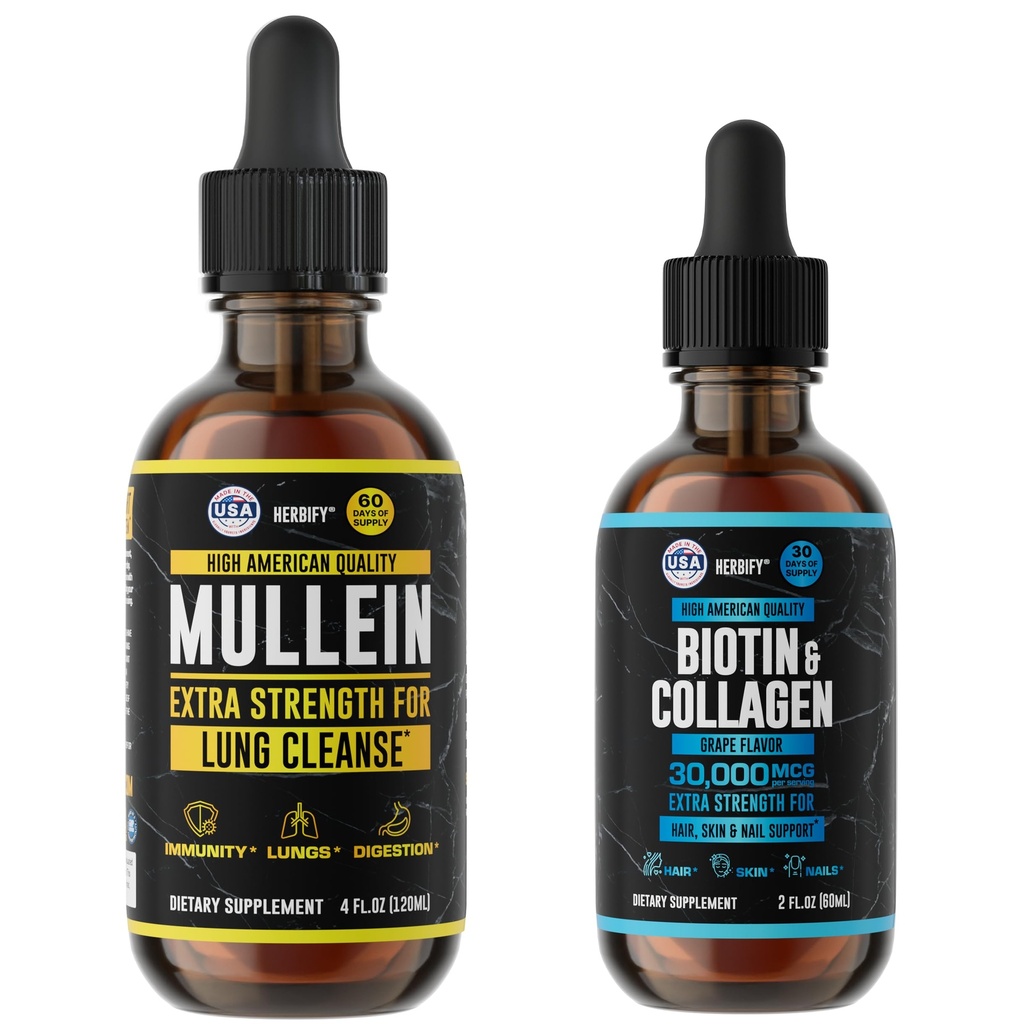 HERBIFY Bundle - Mullein Leaf Extract & Biotin και Collagen - Αναπνευστική υποστήριξη & δέρμα μαλλιών και τα νύχια Βιταμίνες Υποστήριξη