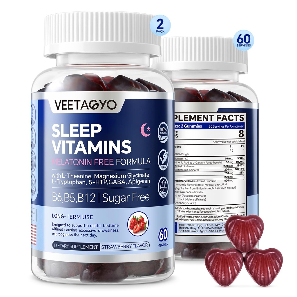 Χωρίς μελατονίνη 5-HTP GABA συμπλήρωμα Gummies για ενήλικες & παιδιά 12+ με L-Θεανίνη, Μαγνήσιο Γλυκινικό, L-Tryptophan, Apigenin - Χωρίς ζάχαρη, Φράουλα Γεύση, Vegan, 120 Count