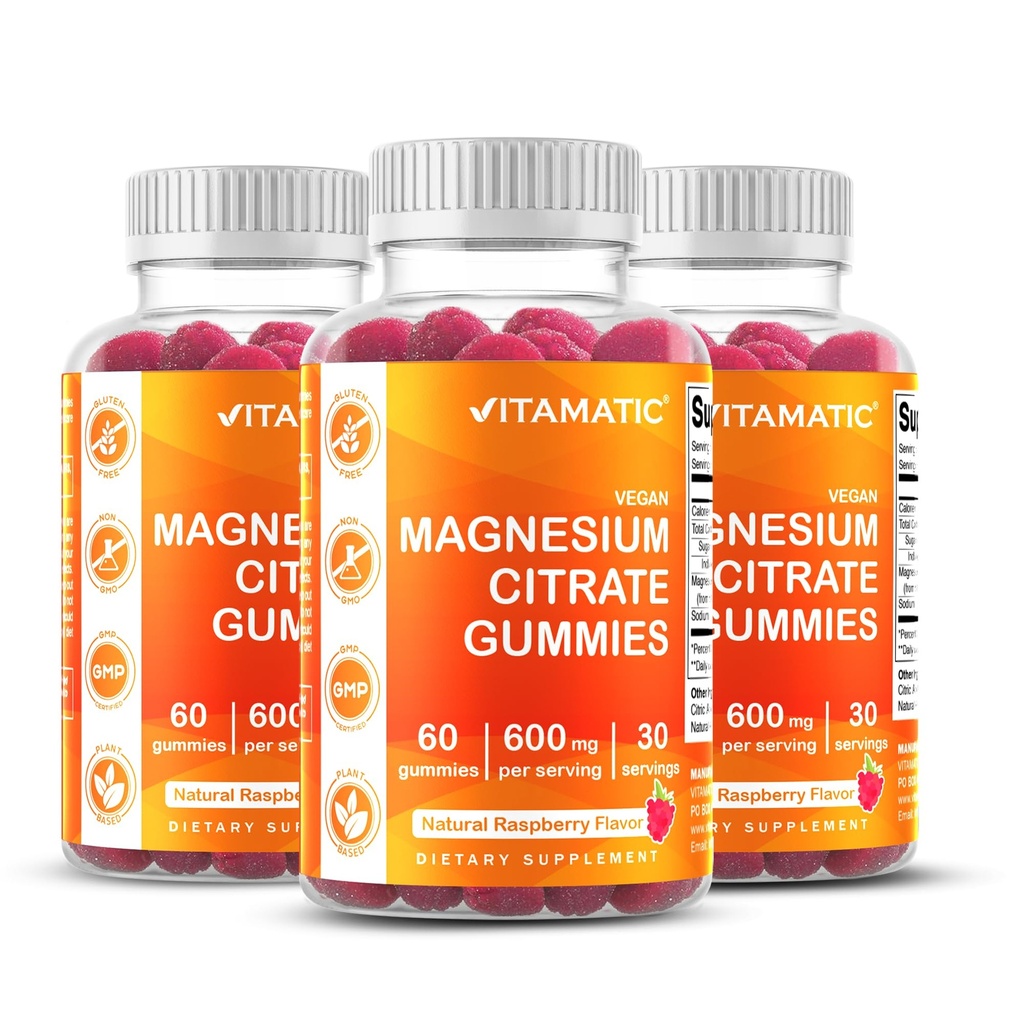 Vitamatic Magnesium Gummies 600mg per Serving – 60 Vegan Gummies – Χαλάρωση, μυών, οστών & ενέργειας Υποστήριξη – 3 Pack