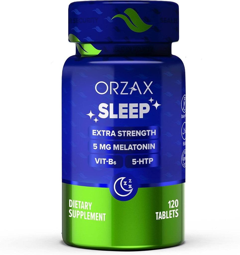 ORZAX Sleep - Μελατονίνη 5 mg, Βιταμίνη Β6 & 5- HTP Supplement - Αναπαύσιμες Βιταμίνες Ύπνου για Ενήλικες (120 δισκία)