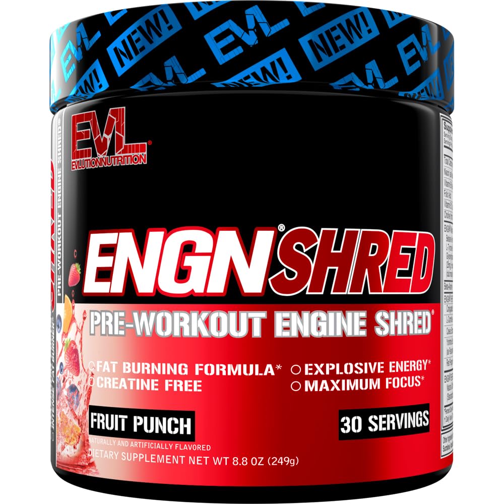 EVL Ultimate Preworkout Powder - Θερμογόνος καύση λίπους Υποστήριξη Preworkout Powder Drink for Lasting Energy Focus and Stamina - ENGN Shred Intense Creatine Free Preworkout Drink Mix - Fruit Punch