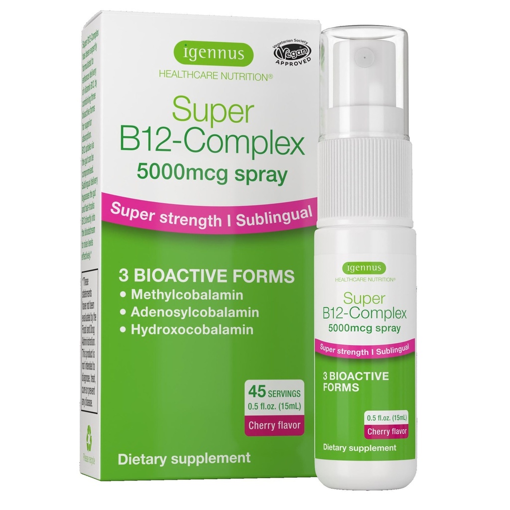 Igennus Triple Vitamin B12 Complex 5000mcg, Υγρό Υπογλώσσιο Σπρέι, 45 Σερβιέτες, Μεθυλοκοβαλαμίνη, Αδενοσυλοκοβαλαμίνη & Υδροξοκοβαλαμίνη, Υψηλή Δύναμη & Καθαρό, Φυσικό άρωμα κεράσι, Vegan