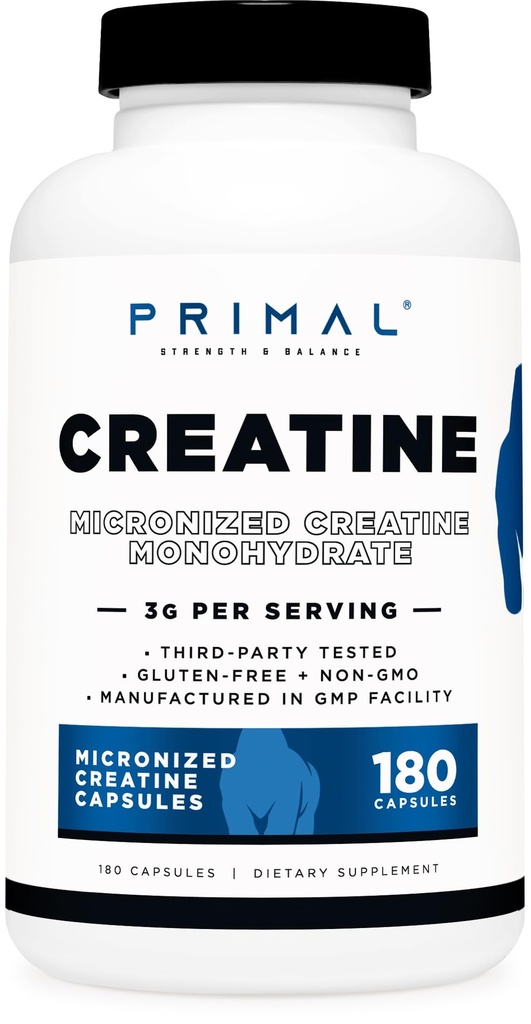 Primal Creatine Monohydrate (3.000 Mg, 180 Caps) - Μικρονωμένο συμπλήρωμα κρεατίνης, 750mg ανά καψάκιο, Μεγάλη για προεργασία και ανάκτηση - Χωρίς γλουτένη, Μη ΓΤΟ