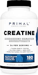 Primal Creatine Monohydrate (3.000 Mg, 180 Caps) - Μικρονωμένο συμπλήρωμα κρεατίνης, 750mg ανά καψάκιο, Μεγάλη για προεργασία και ανάκτηση - Χωρίς γλουτένη, Μη ΓΤΟ
