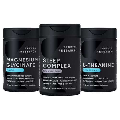 Sports Research Double Strength L-Theanine Supplement Softgels for Focus & Relaxation, Magnesium Glycinate for Restful Sleep & Enzymatic Processes + Sleep Complex Μελατονίνη-Free Vegan Κάψουλες