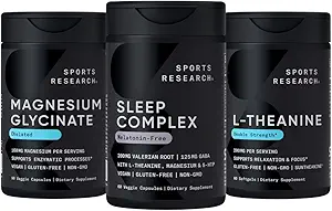 Sports Research Double Strength L-Theanine Supplement Softgels for Focus & Relaxation, Magnesium Glycinate for Restful Sleep & Enzymatic Processes + Sleep Complex Μελατονίνη-Free Vegan Κάψουλες
