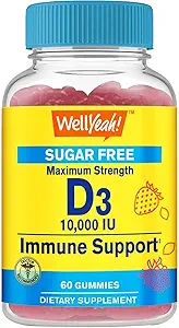 WellYeah Sugar Free Vitamin D3 10000 IU (250mcg) Extra Strength Gummies - Ανοσοποιητικό Αναμνηστικό, Οστέινο και Δόντια Υποστήριξη - Μη ΓΤΟ, Χωρίς Γλουτένη, Χωρίς Καρπούς, Χορτοφαγικά - Φυσικές Γεύσεις - 60 Gummies (1)
