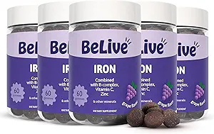 Belive Iron Gummies - Multivitamin Iron Supplement with Vitamin C, A, B & Zinc, Υποστηρίζει οξυγόνο αίματος, Vegan Συμπληρώματα για γυναίκες, άνδρες και παιδιά για την ανάπτυξη και την ανάπτυξη - Grape Flavor 