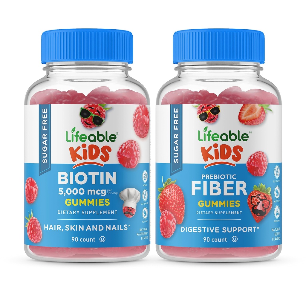 Ζώσιμα παιδιά χωρίς ζάχαρη Biotin + παιδιά Preciotic Fiber, Gummys Bundle - μεγάλη γεύση, συμπλήρωμα βιταμίνης, χωρίς γλουτένη, GMO δωρεάν, μασώμενη κοιλιά