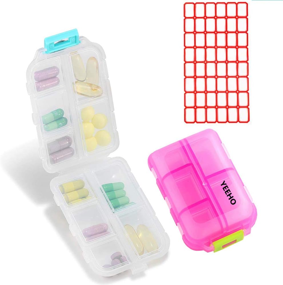 Pill Case (2 Pack) - Portable Small Supplements Tablet Container Box with 10 Compartments - Medicine Capsule Vitamin Organizer Dispenser Holder Storage for Travel Trip Pocket Purse(Pink+White)