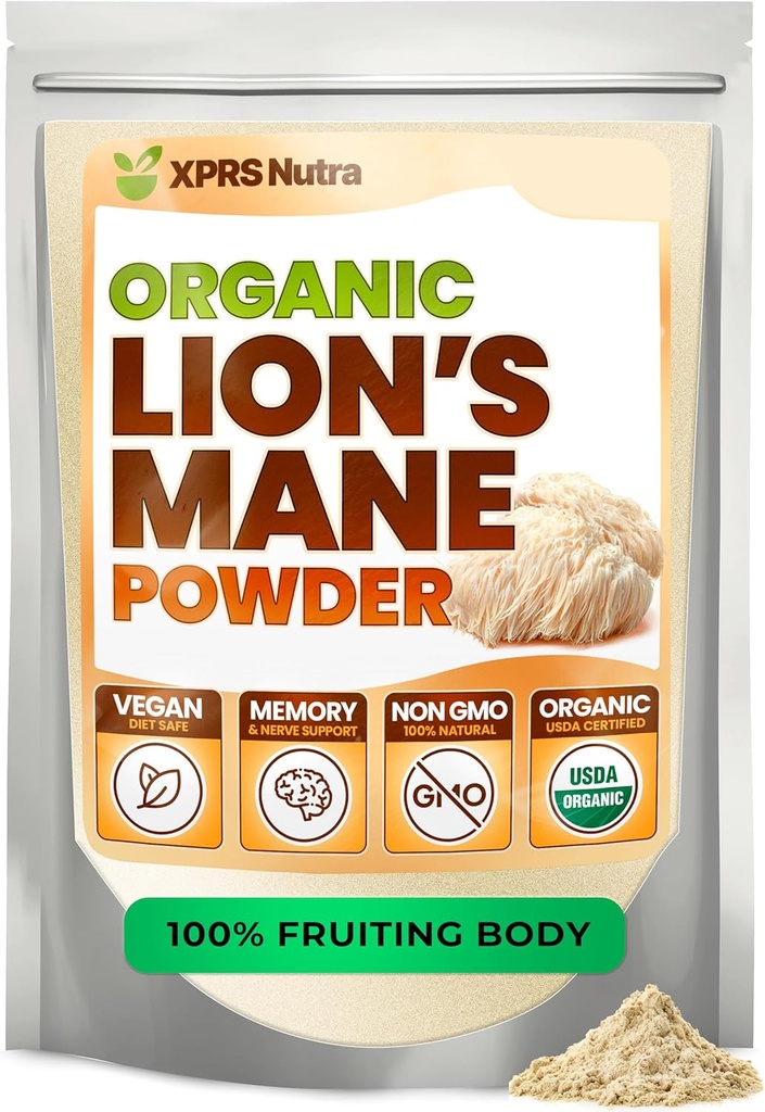 XPRS Nutra Organic Lion's Mane Mushroom Powder - Premium για τη διανοητική σαφήνεια, τη γνώση και την ασυλία - Vegan Friendly (16 oz)