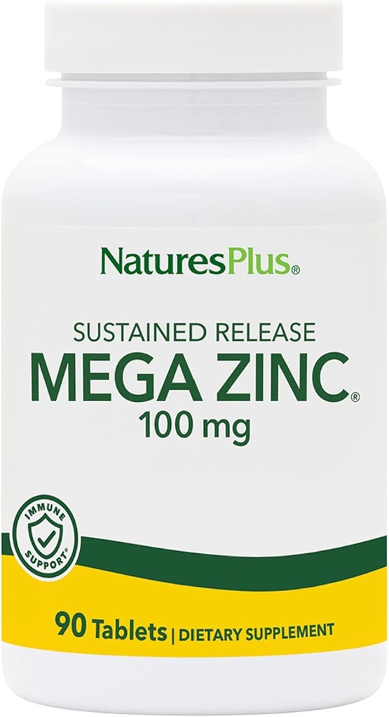 NaturesPlus Mega Zinc 100 mg Παρατεταμένη απελευθέρωση - 90 δισκία - χορτοφαγικά, χωρίς γλουτένη - 90 σερβιρίσματα