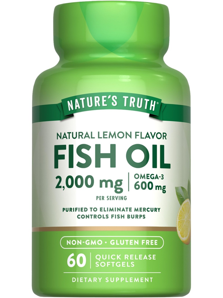 Nature's Truth Fish Oil Omega 3 Supplement | 2000mg | 60 Softgels | EPA & DHA | Lemon Flavor | Non-GMO and Gluten Free