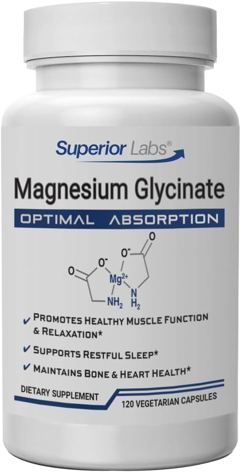 Superior Labs Μαγνήσιο Γλυκινικό 1250 mg, Υψηλής Απορρόφησης, Καθαρή Μη-ΓΤΟ, Υποστηρίζει τον ποιοτικό ύπνο, Ανακουφίζει τα μυϊκά κράμπες, Οστών & Καρδιάς Υγεία,120 Veg Caps
