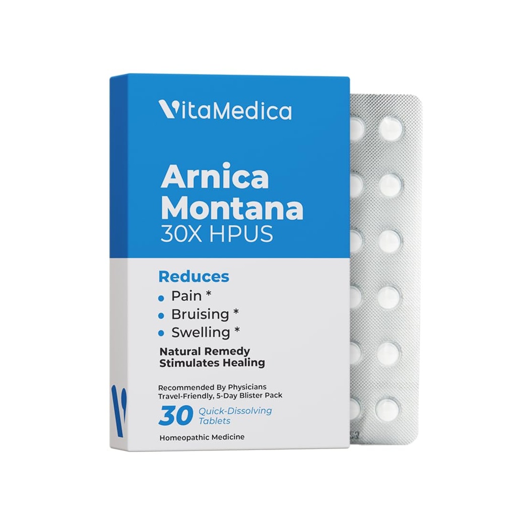 Arnica Montana 30X HPUS, Clinical Grade, Quick Dissolve Tablets, Πέντε-Ημέρες Recovery Pack για τον πόνο και την ανακούφιση από μελανιές Μετά από χειρουργική επέμβαση ή τραυματισμό, φυσική θεραπεία, απαλό στο στομάχι - 30 κόμης