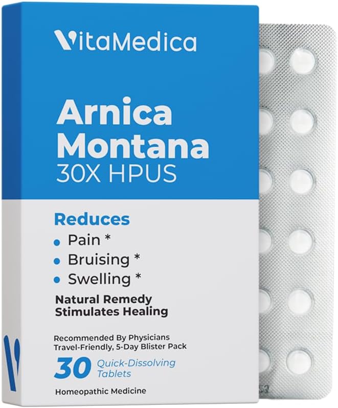 Arnica Montana 30X HPUS, Clinical Grade, Quick Dissolve Tablets, Πέντε-Ημέρες Recovery Pack για τον πόνο και την ανακούφιση από μελανιές Μετά από χειρουργική επέμβαση ή τραυματισμό, φυσική θεραπεία, απαλό στο στομάχι - 30 κόμης